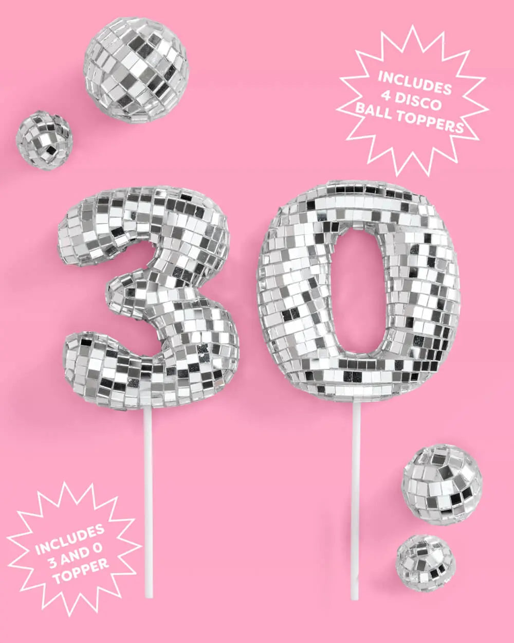 30 Disco Topper - 6 pc mirrored cake toppers xo, Fetti