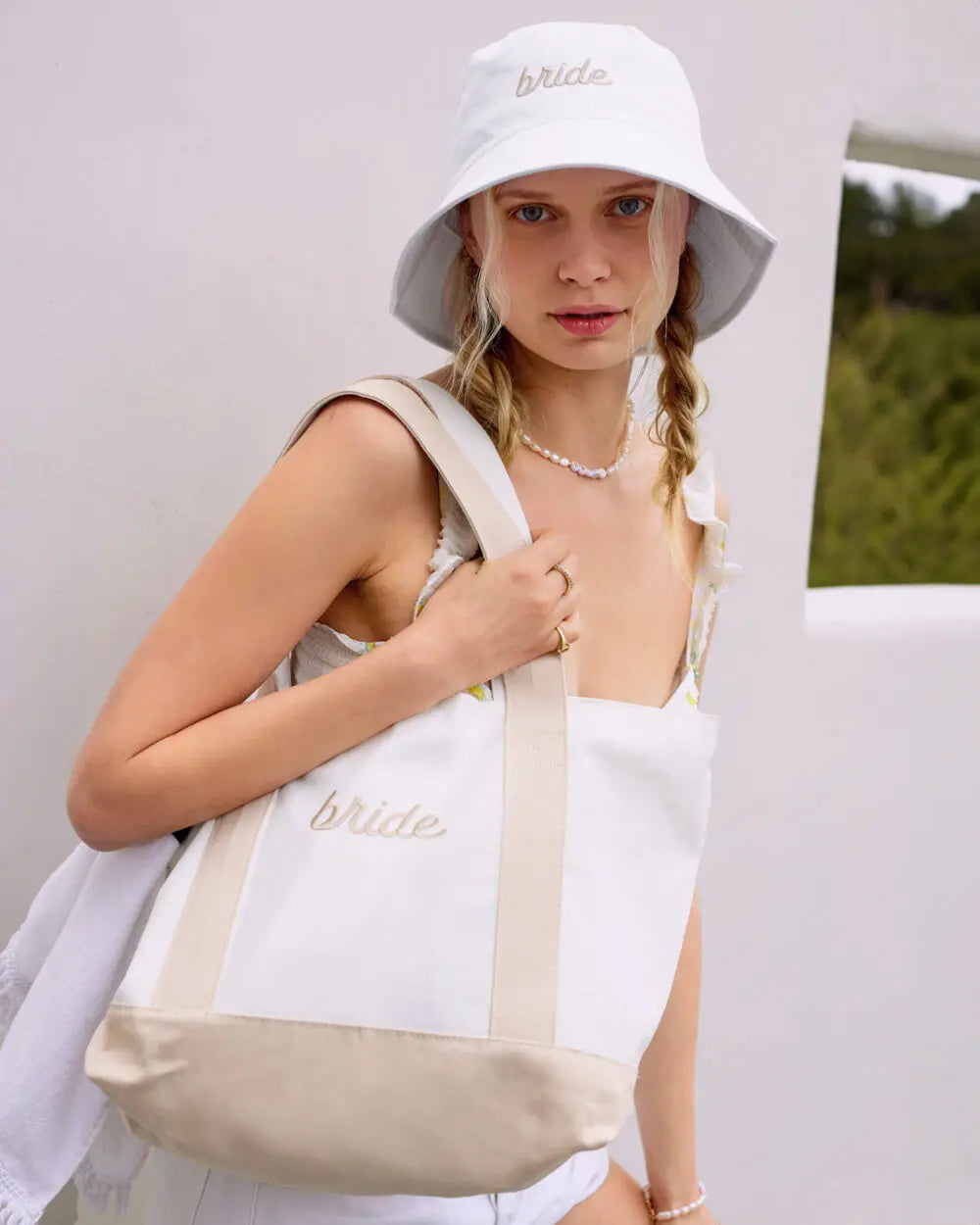 Beige Bride Tote - embroidered cotton tote xo, Fetti