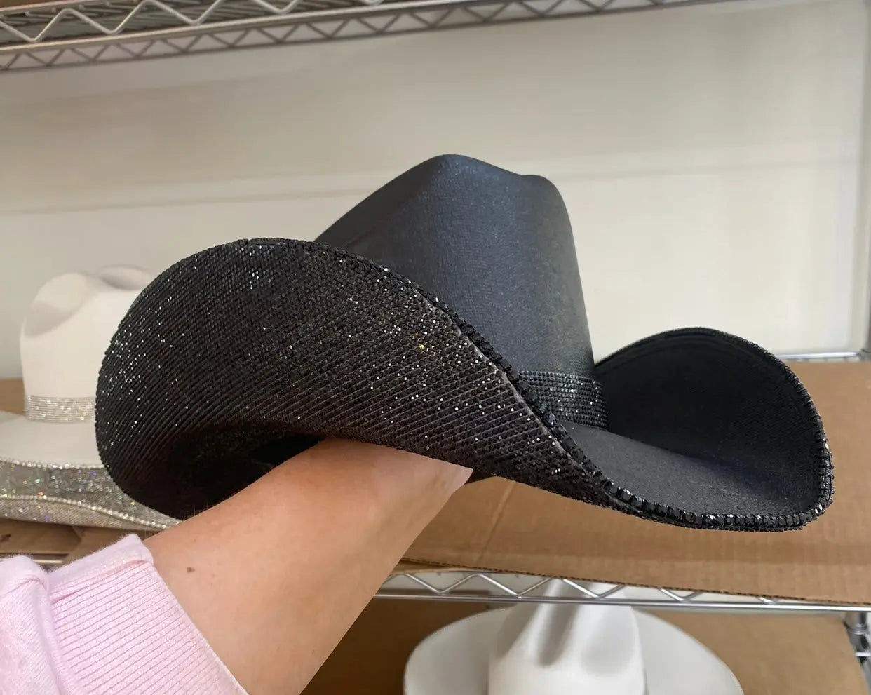 "Blacked Out" square style hat- underneath brim only Rhinestone Cowgirl