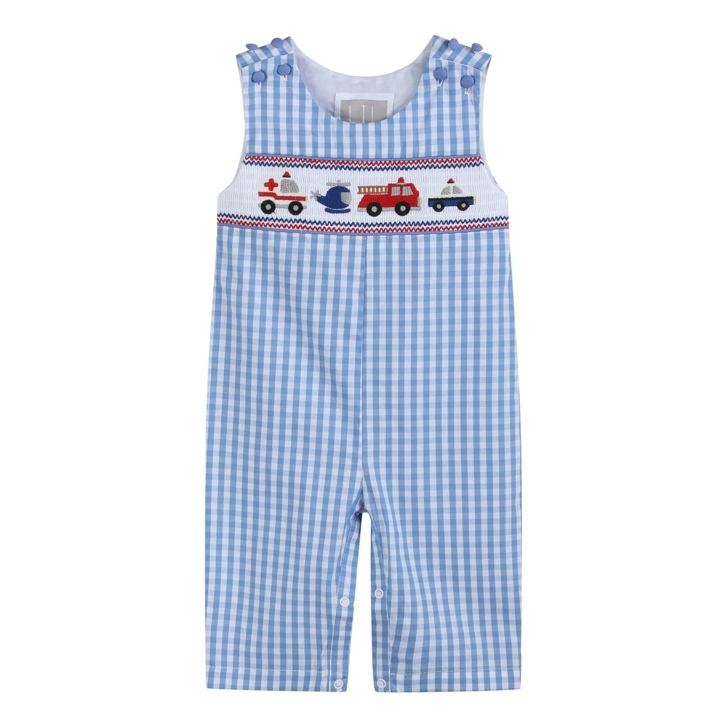 Blue Gingham Emergency Vehicles Smocked Overalls Lil Cactus