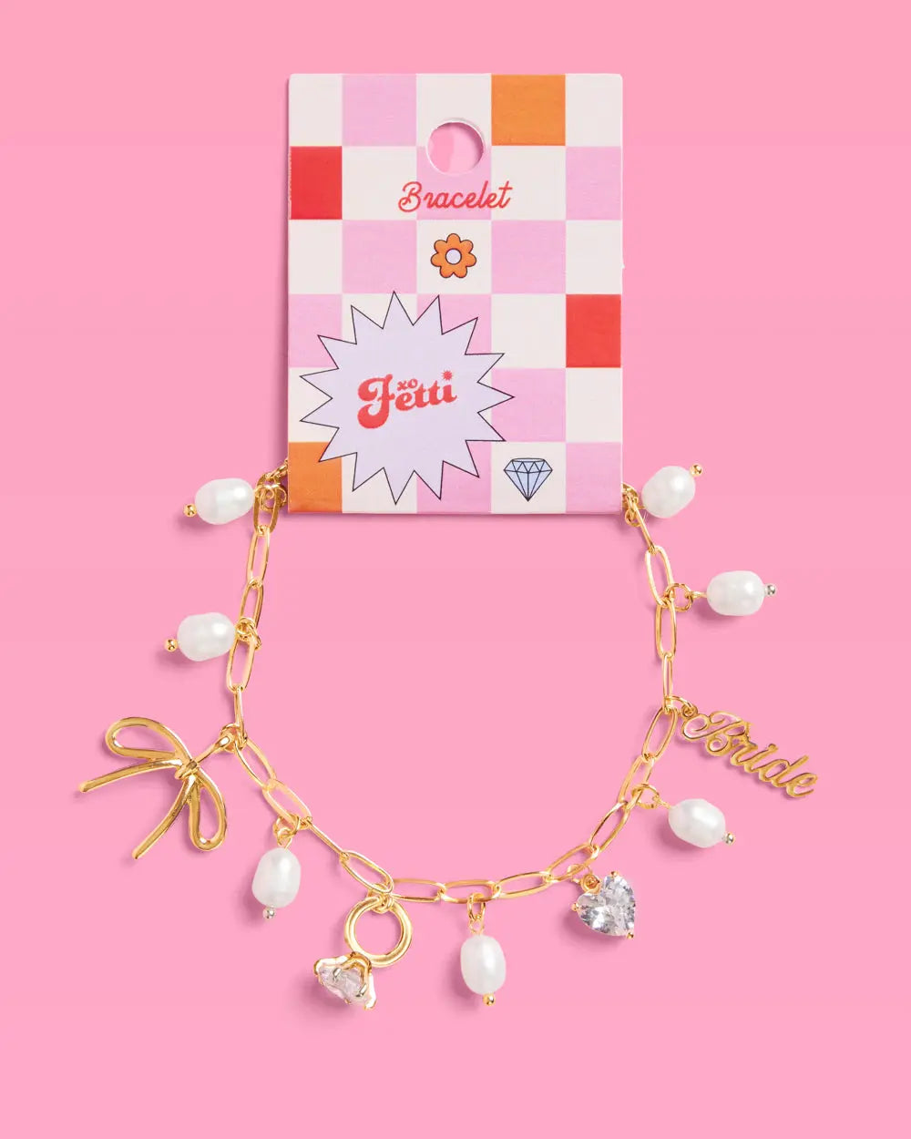 Bride Charm Bracelet - gold, rhinestones + pearls xo, Fetti