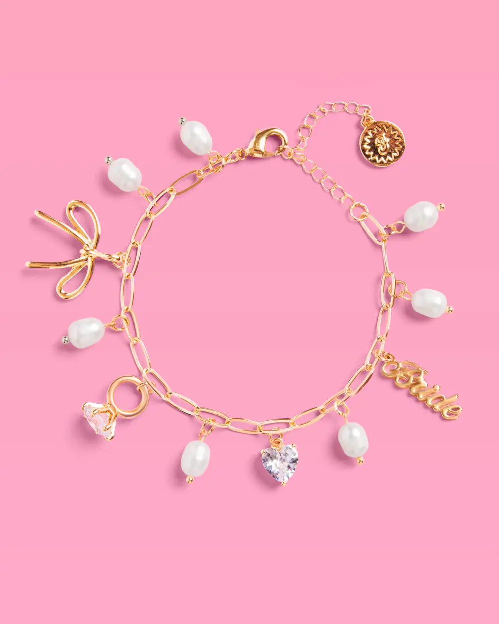 Bride Charm Bracelet - gold, rhinestones + pearls xo, Fetti