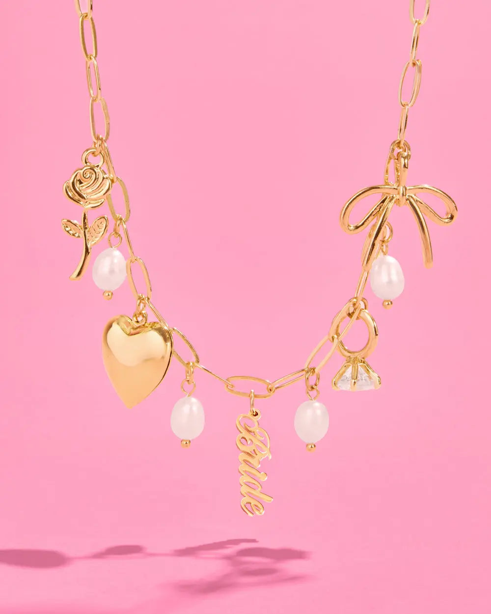 Bride Charm Necklace - gold, rhinestones + pearls xo, Fetti