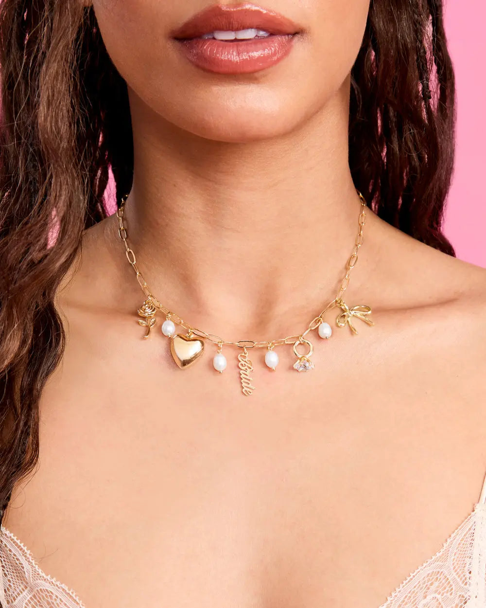 Bride Charm Necklace - gold, rhinestones + pearls xo, Fetti