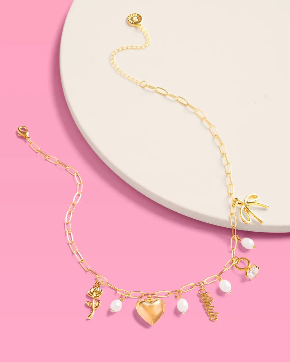 Bride Charm Necklace - gold, rhinestones + pearls xo, Fetti
