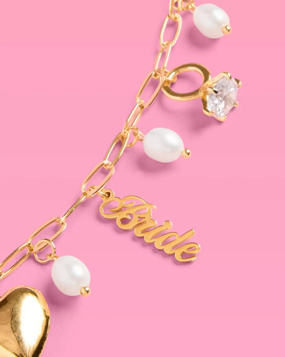 Bride Charm Necklace - gold, rhinestones + pearls xo, Fetti