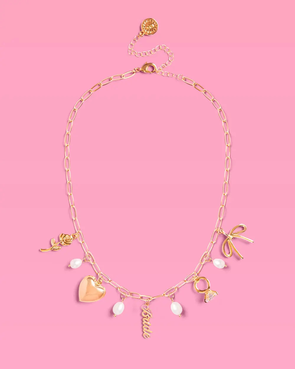 Bride Charm Necklace - gold, rhinestones + pearls xo, Fetti