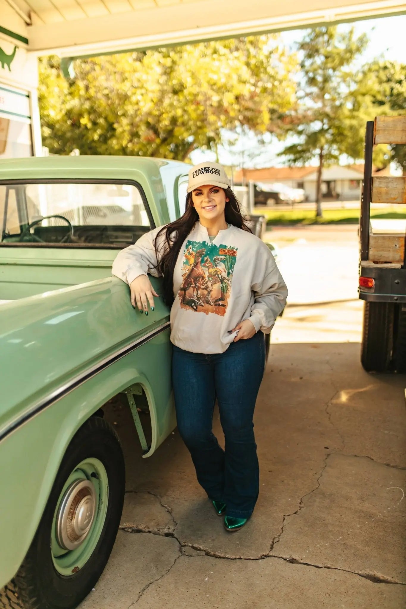 Cactus Motel Raw Cut V-neck Western Graphic Sweatshirt Wild Junkie