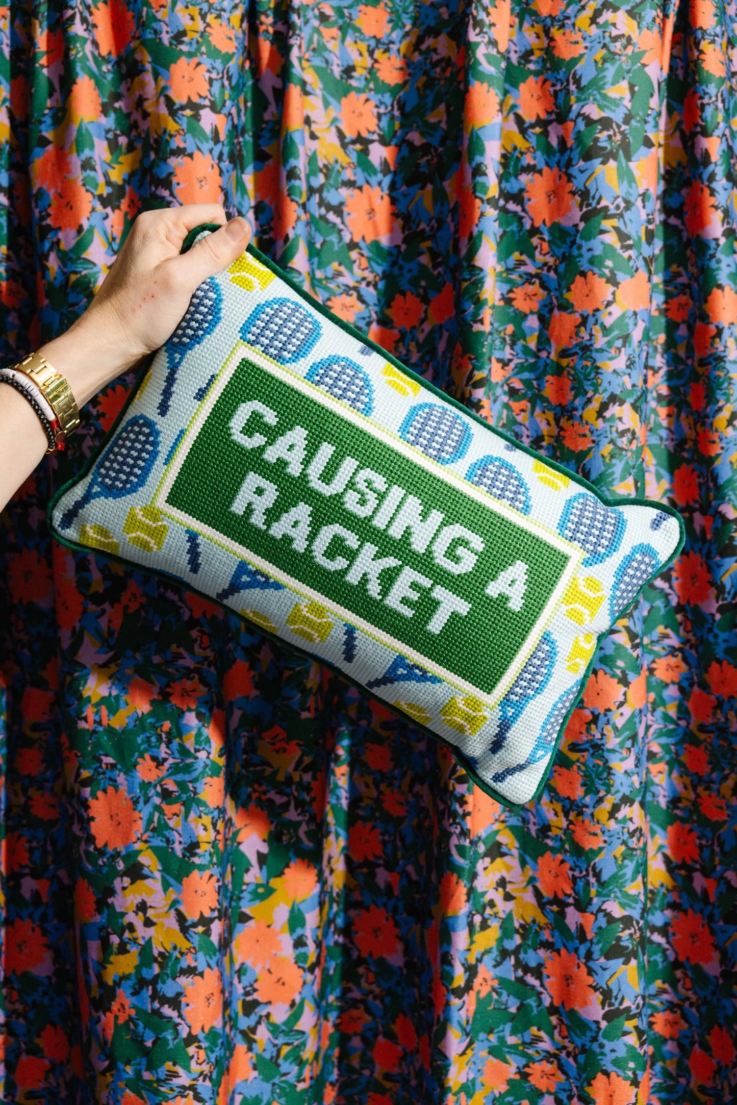 Causing A Racket Needlepoint Pillow Furbish Studio