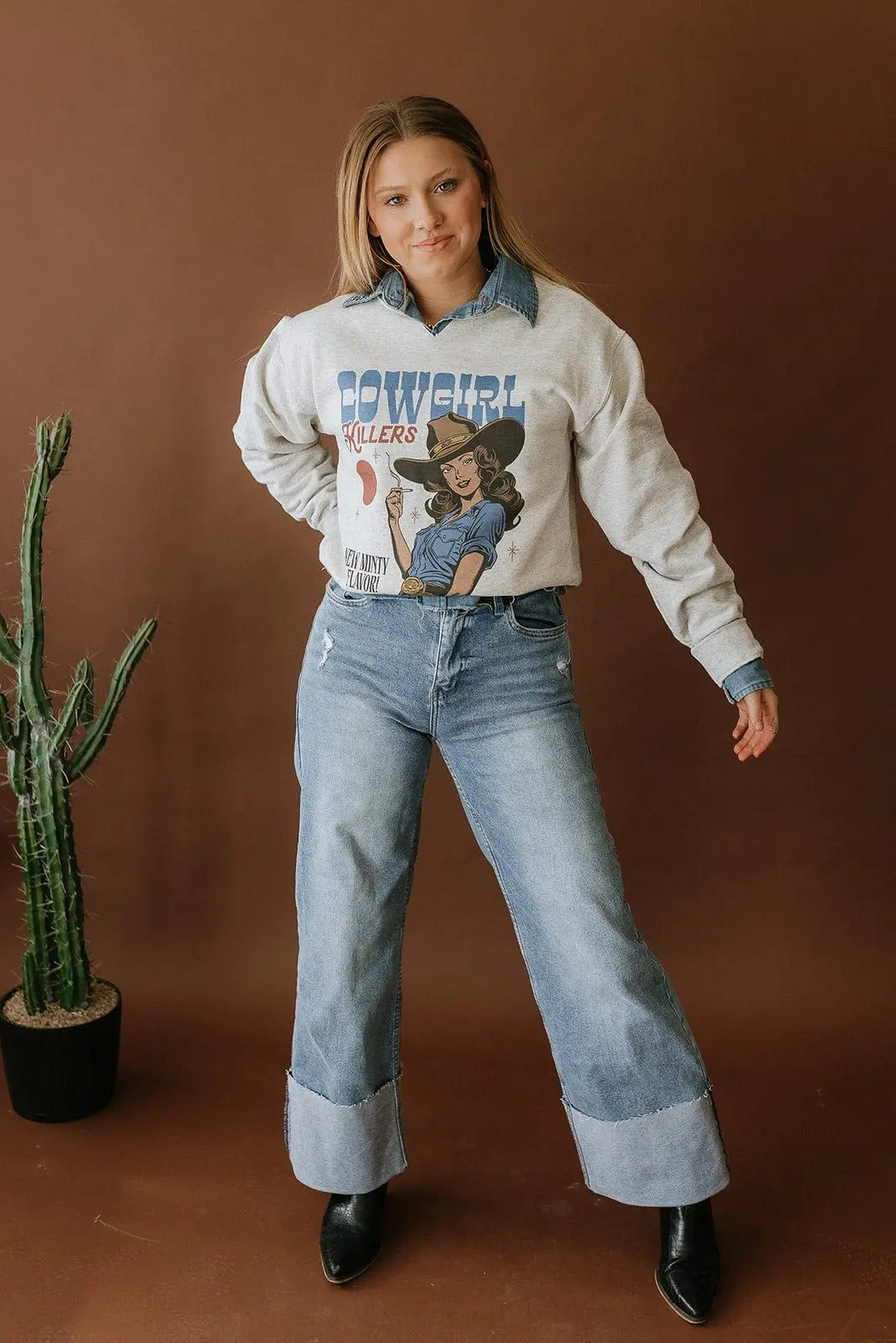 Cowgirl Killers V-Neck Raw Hem Graphic Sweatshirt Wild Junkie