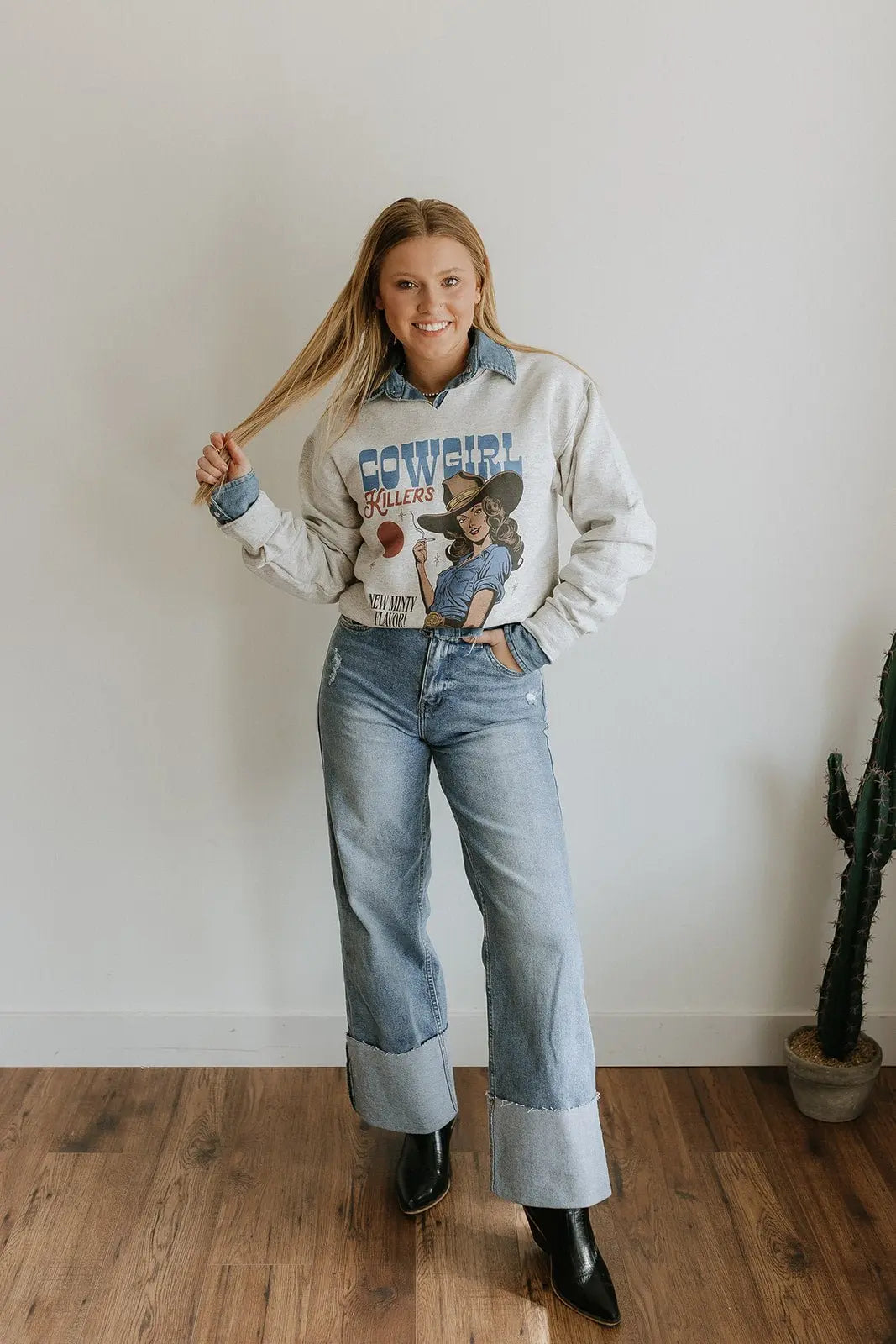 Cowgirl Killers V-Neck Raw Hem Graphic Sweatshirt Wild Junkie