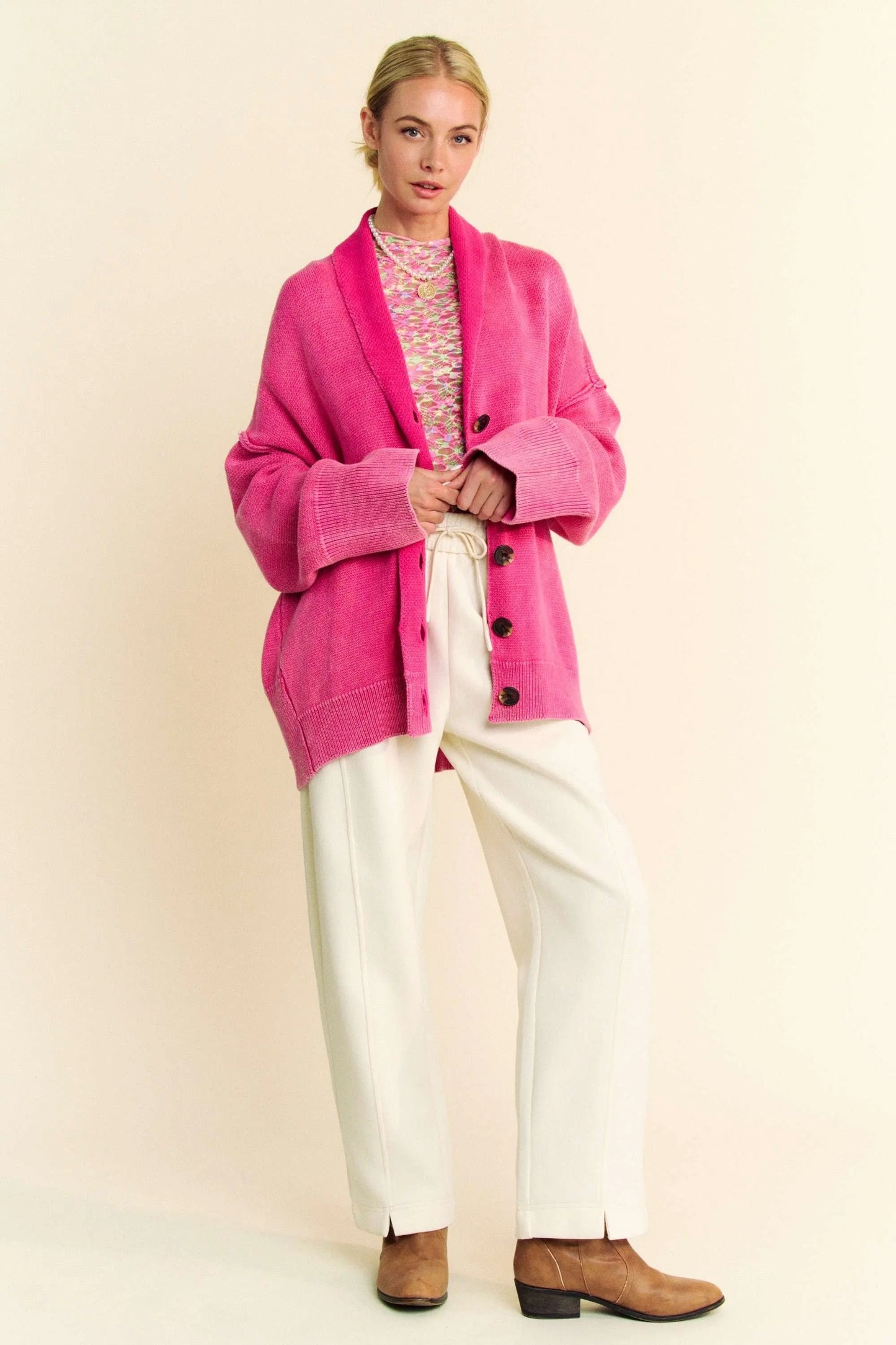 Davi & Dani Shawl Collar Ribbed Detail Button Up Cardigan Trendsi