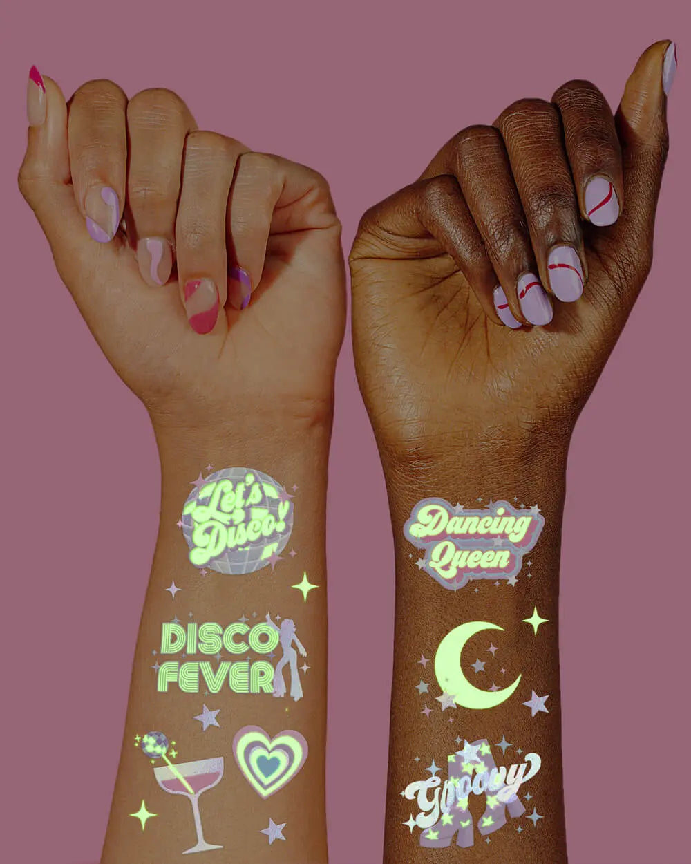 Disco Glo Tats - 48 foil temporary tattoos xo, Fetti