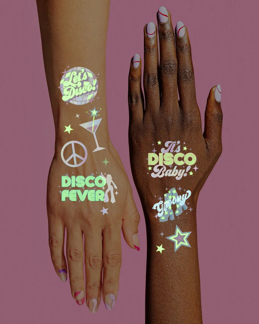 Disco Glo Tats - 48 foil temporary tattoos xo, Fetti