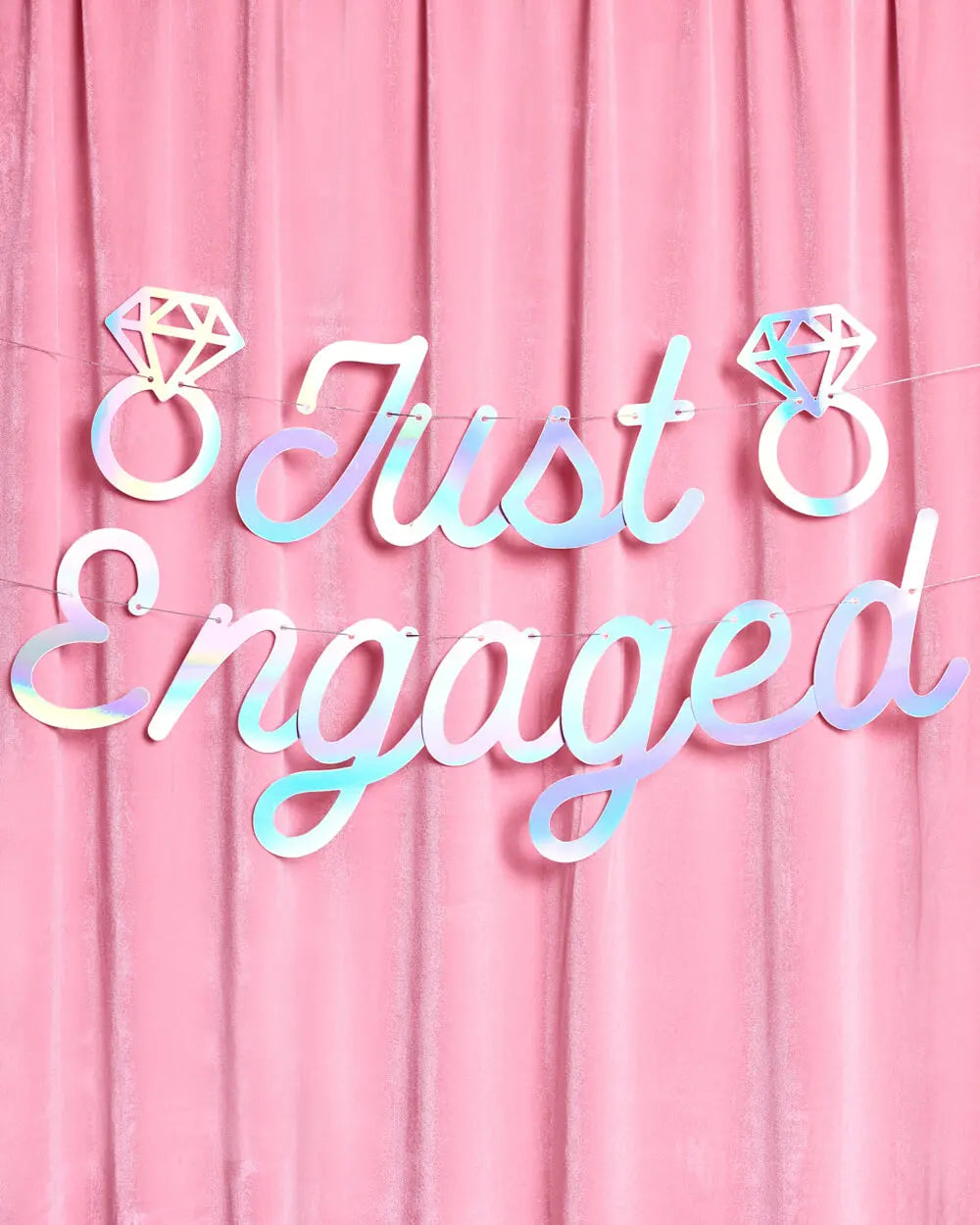 Just Engaged Banner - iridescent foil banner xo, Fetti