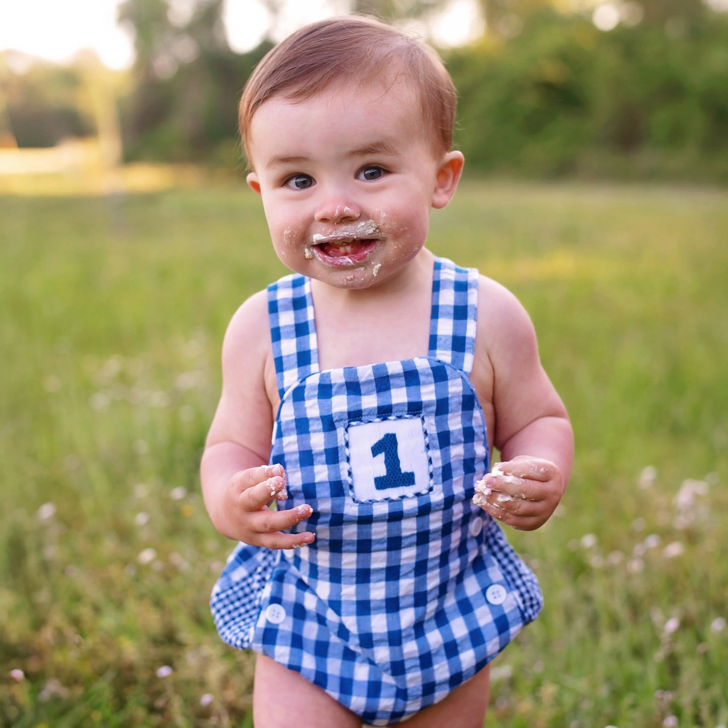 Navy Blue Smocked First Birthday Sunsuit - Latchkey