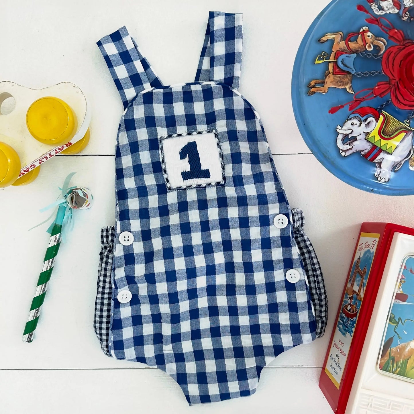 Navy Blue Smocked First Birthday Sunsuit - Latchkey