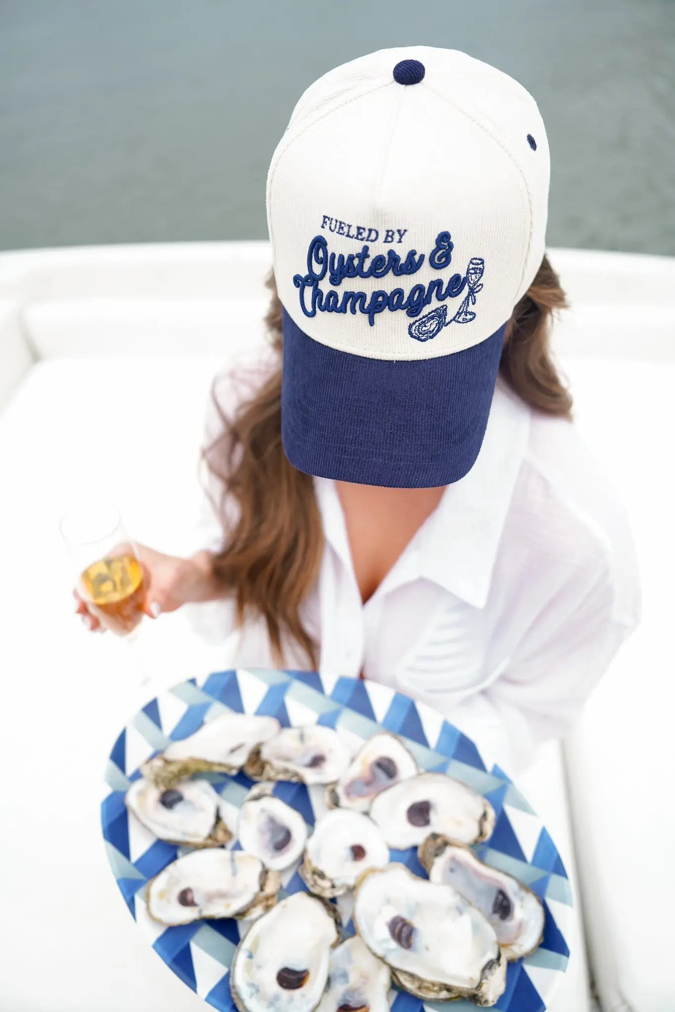Oysters & Champagne - Navy Corduroy Trucker Hat KenzKustomz