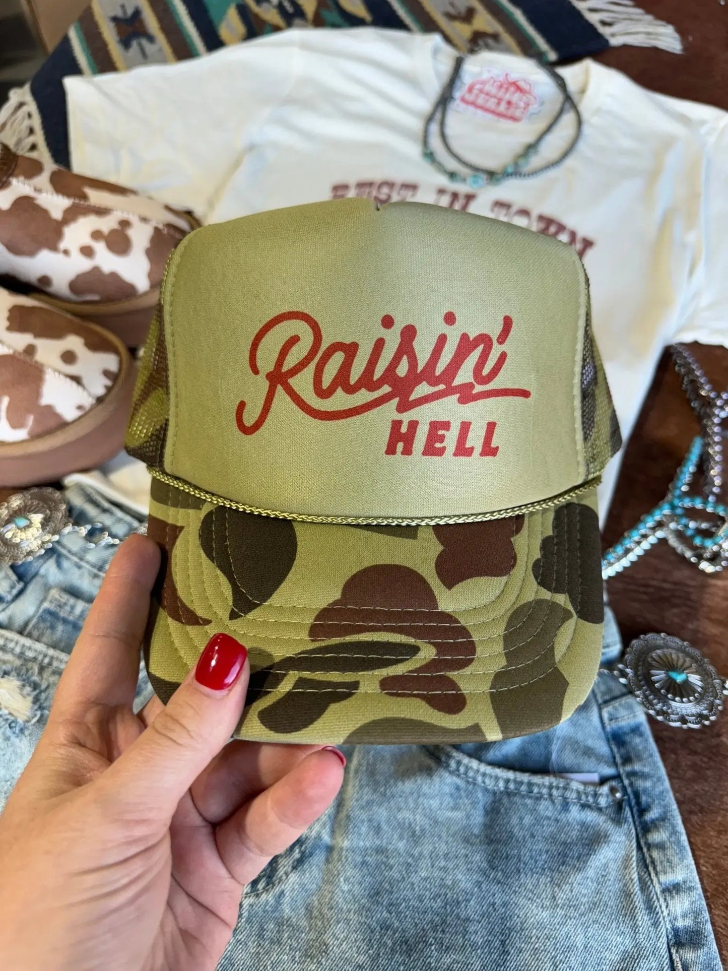 Raisin' Hell Green Camo Trucker Hat Wild Junkie
