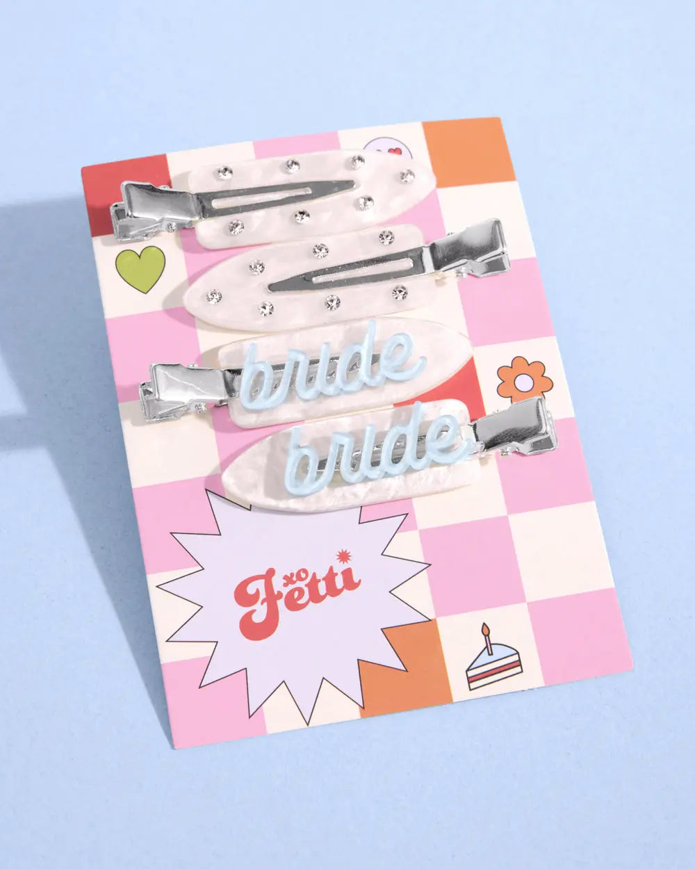 Something Blue Clips - 4 white acrylic clips xo, Fetti