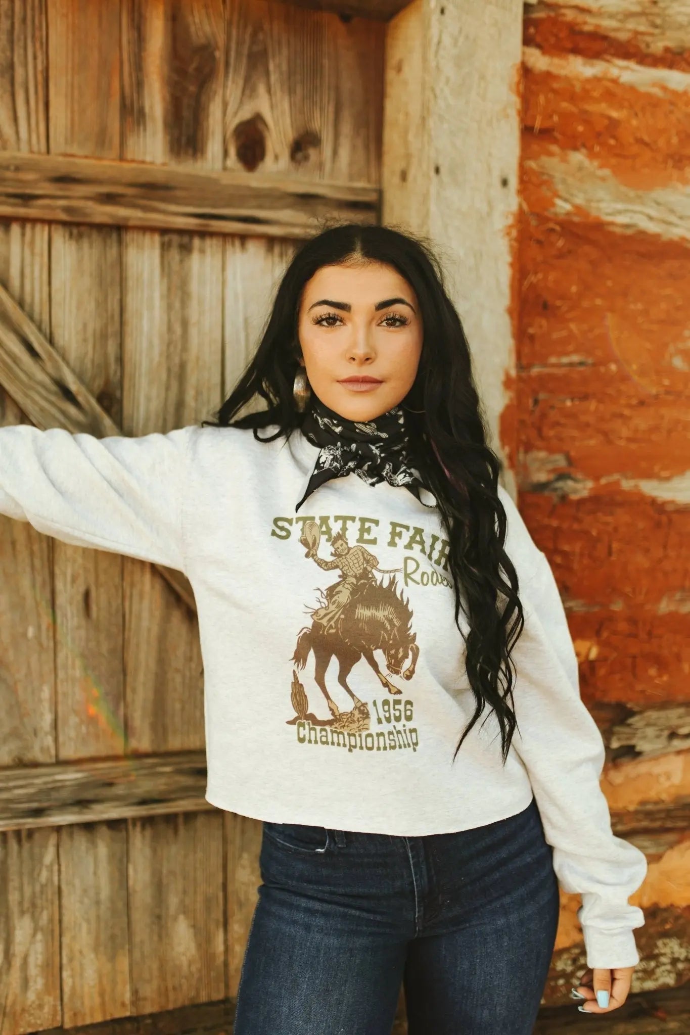 State Fair Rodeo Raw Hem V-Neck Crop Graphic Sweatshirt Wild Junkie