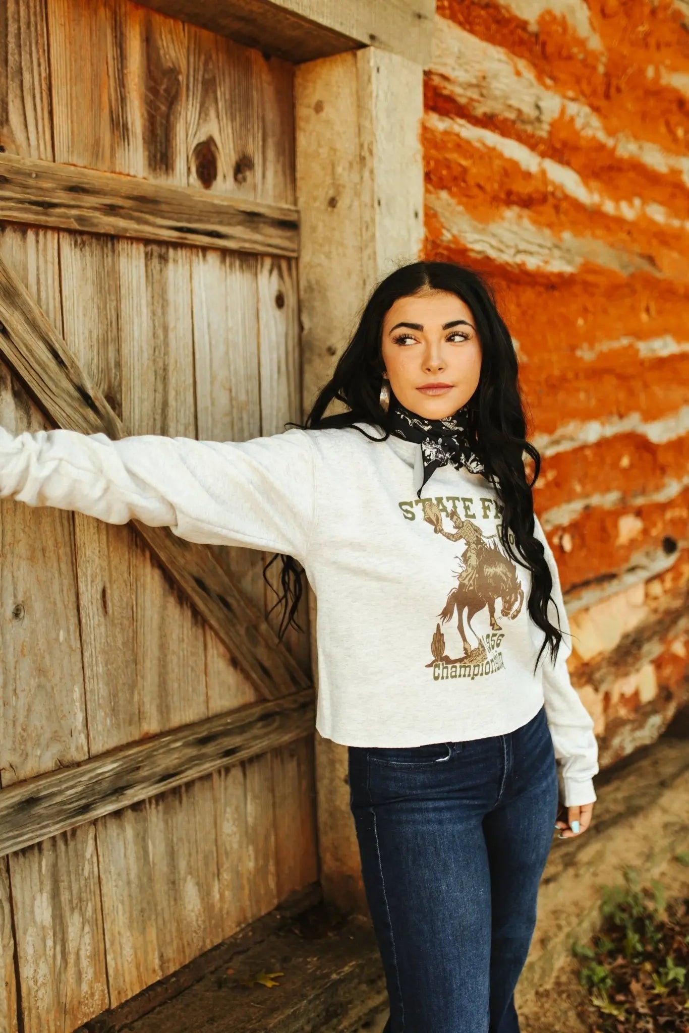 State Fair Rodeo Raw Hem V-Neck Crop Graphic Sweatshirt Wild Junkie