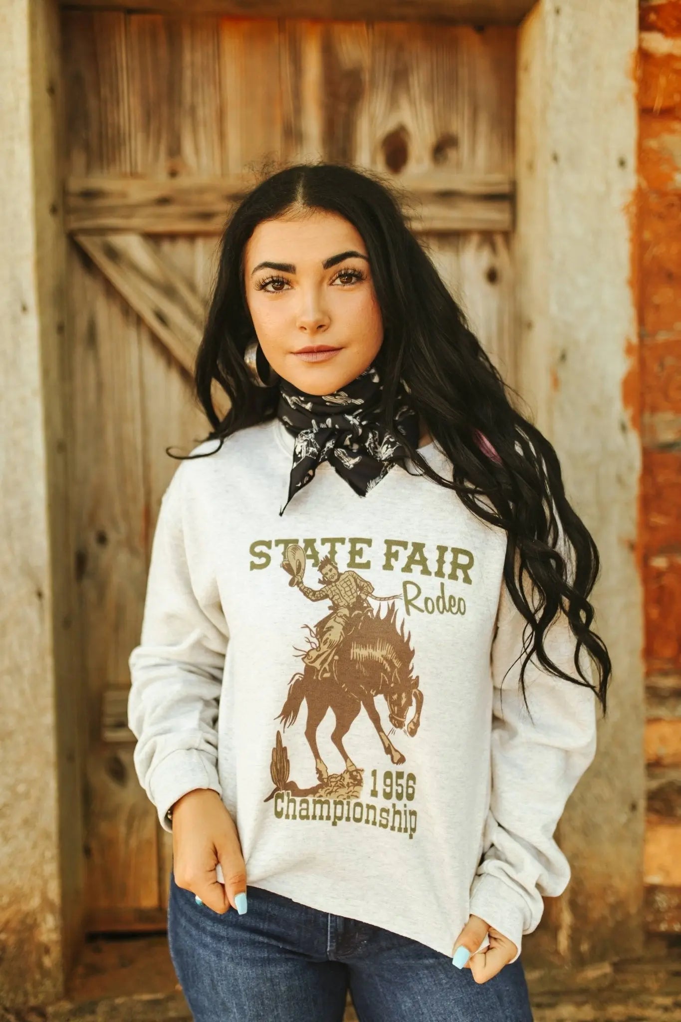 State Fair Rodeo Raw Hem V-Neck Crop Graphic Sweatshirt Wild Junkie
