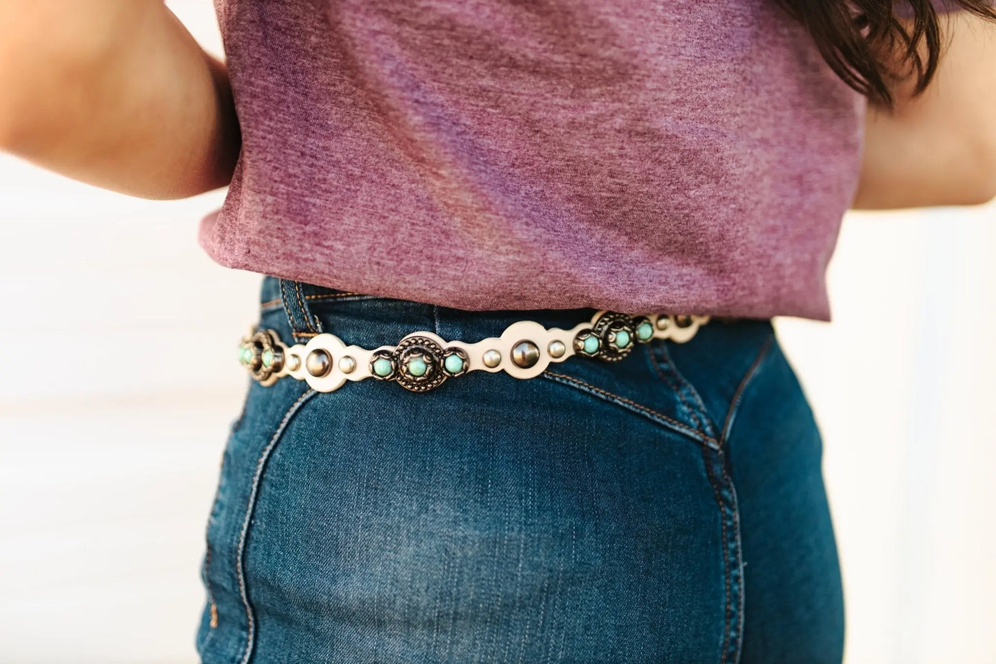 Studded Turquoise Thin Faux Leather Belt - Ivory Wild Junkie