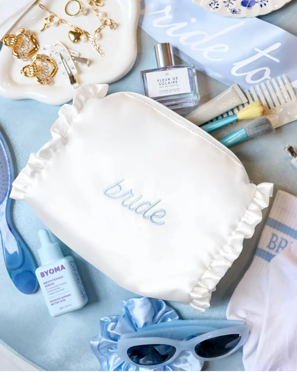 The Bride Beauty Bag - embroidered satin bag xo, Fetti