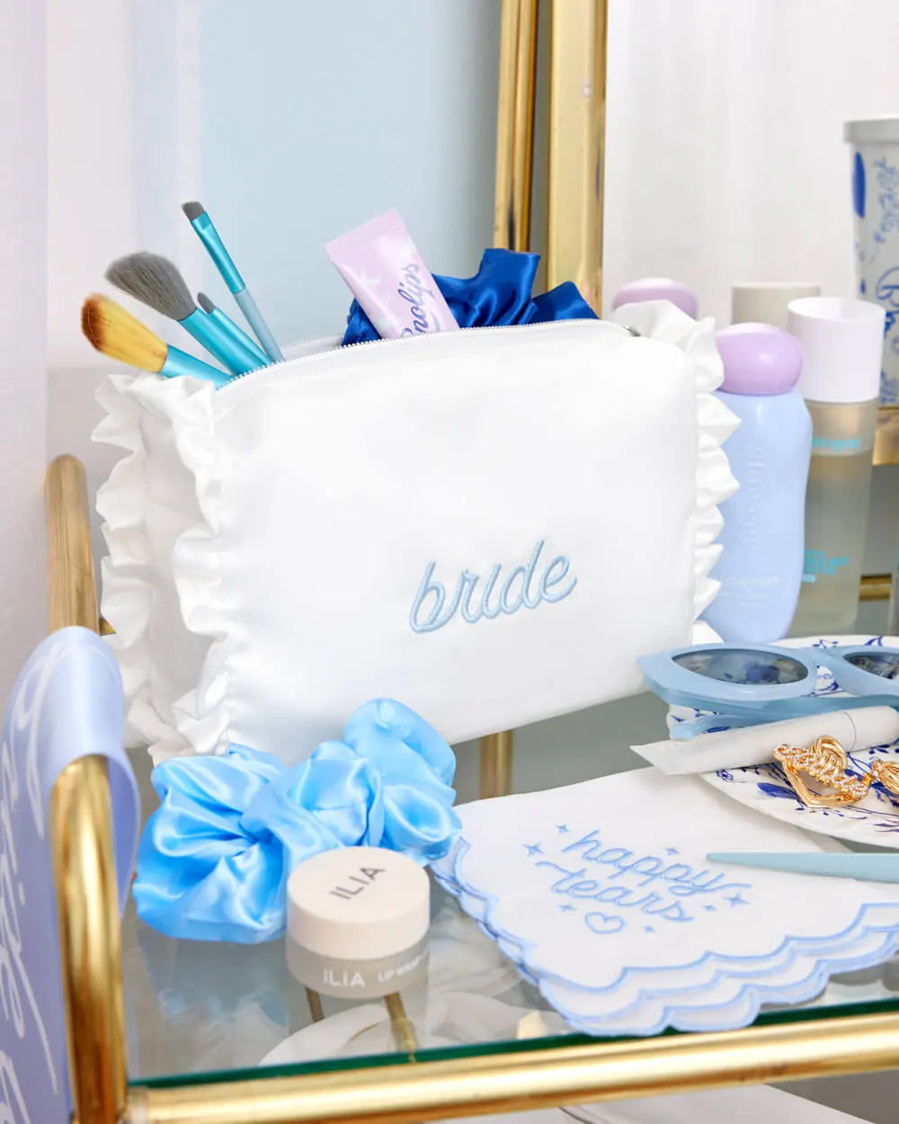 The Bride Beauty Bag - embroidered satin bag xo, Fetti