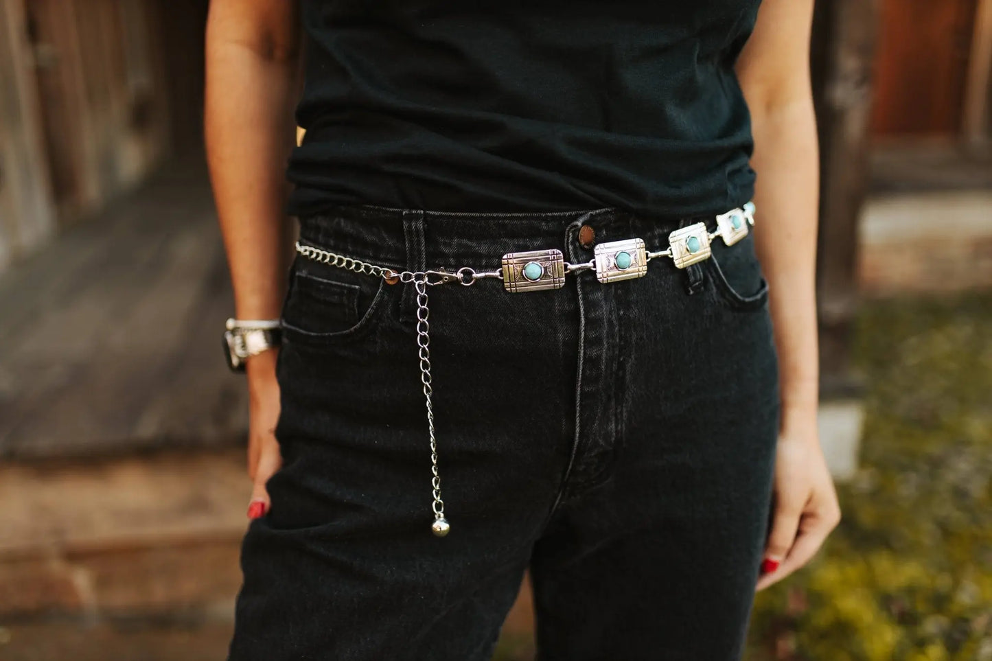 Turquoise Rectangle Concho Chain Belt Wild Junkie