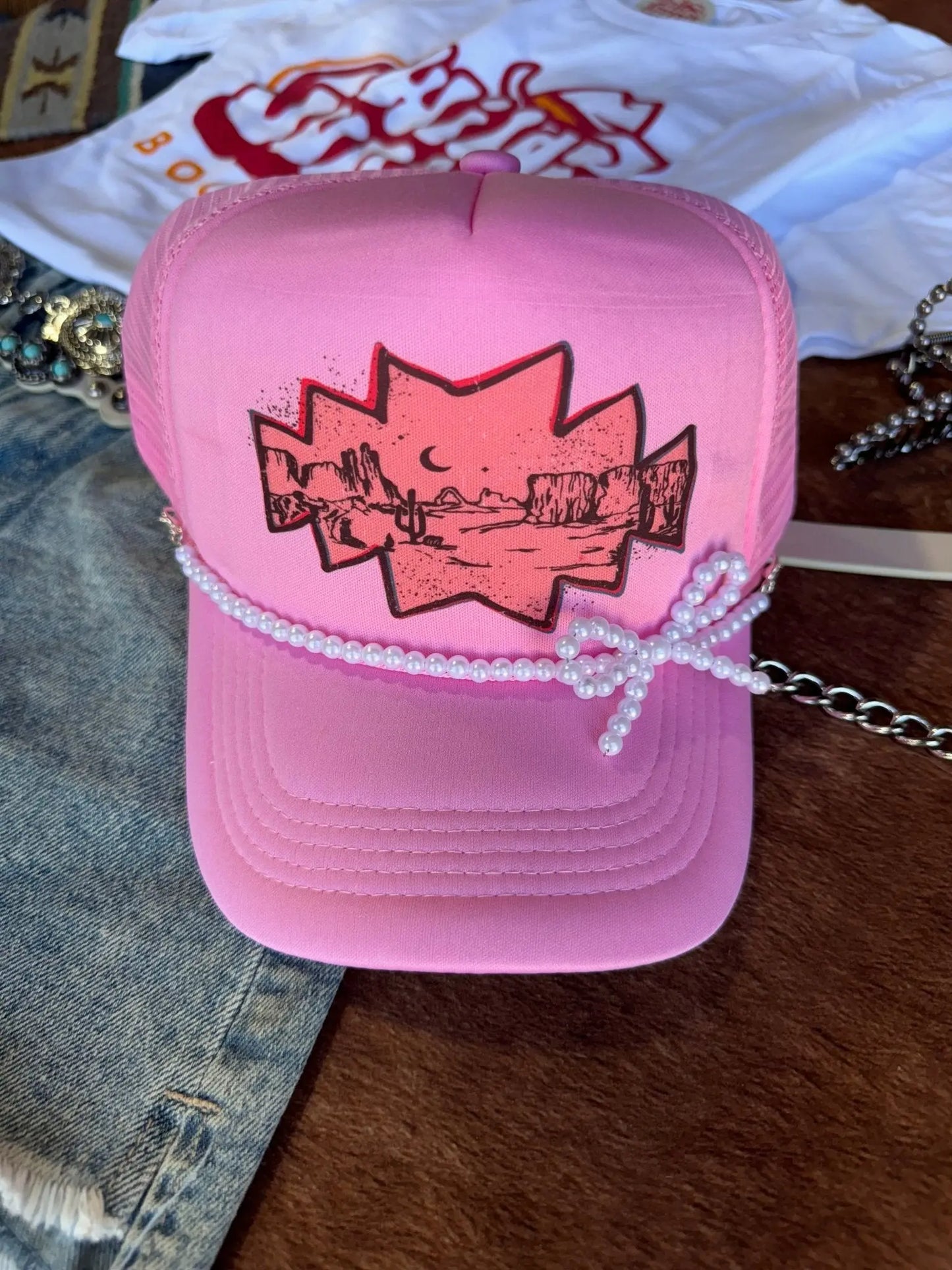 White Pearl Bow Trucker Hat Chain Wild Junkie
