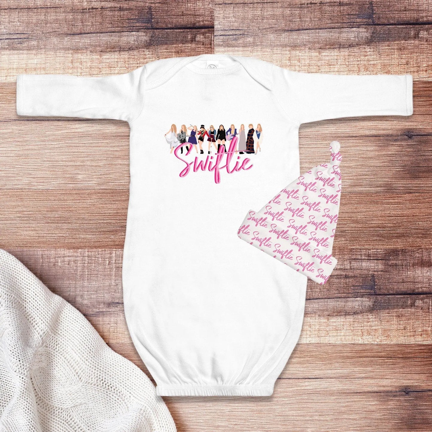 Swiftie Eras Layette Matching Gift Set Includes Newborn sleeper gown Hat and Swaddle Blanket Perfect gift for Swiftie theme baby shower Latchkey