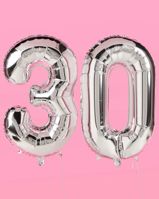 30 Number Balloons - 40" silver foil balloons xo, Fetti