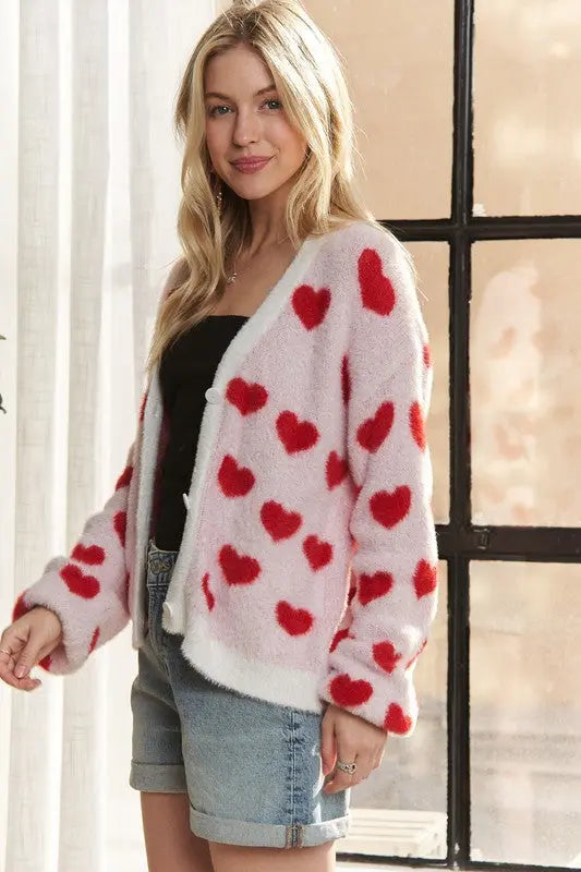 ADORA Fuzzy Heart Button Down Cardigan Trendsi