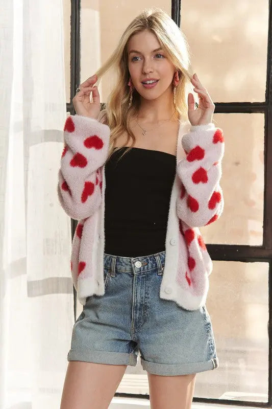 ADORA Fuzzy Heart Button Down Cardigan Trendsi