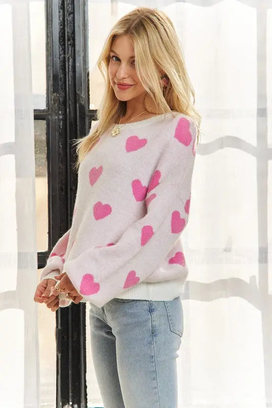 ADORA Heart Round Neck Drop Shoulder Sweater Trendsi