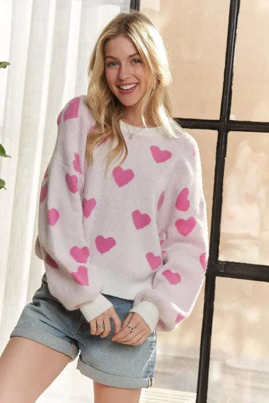 ADORA Heart Round Neck Drop Shoulder Sweater Trendsi