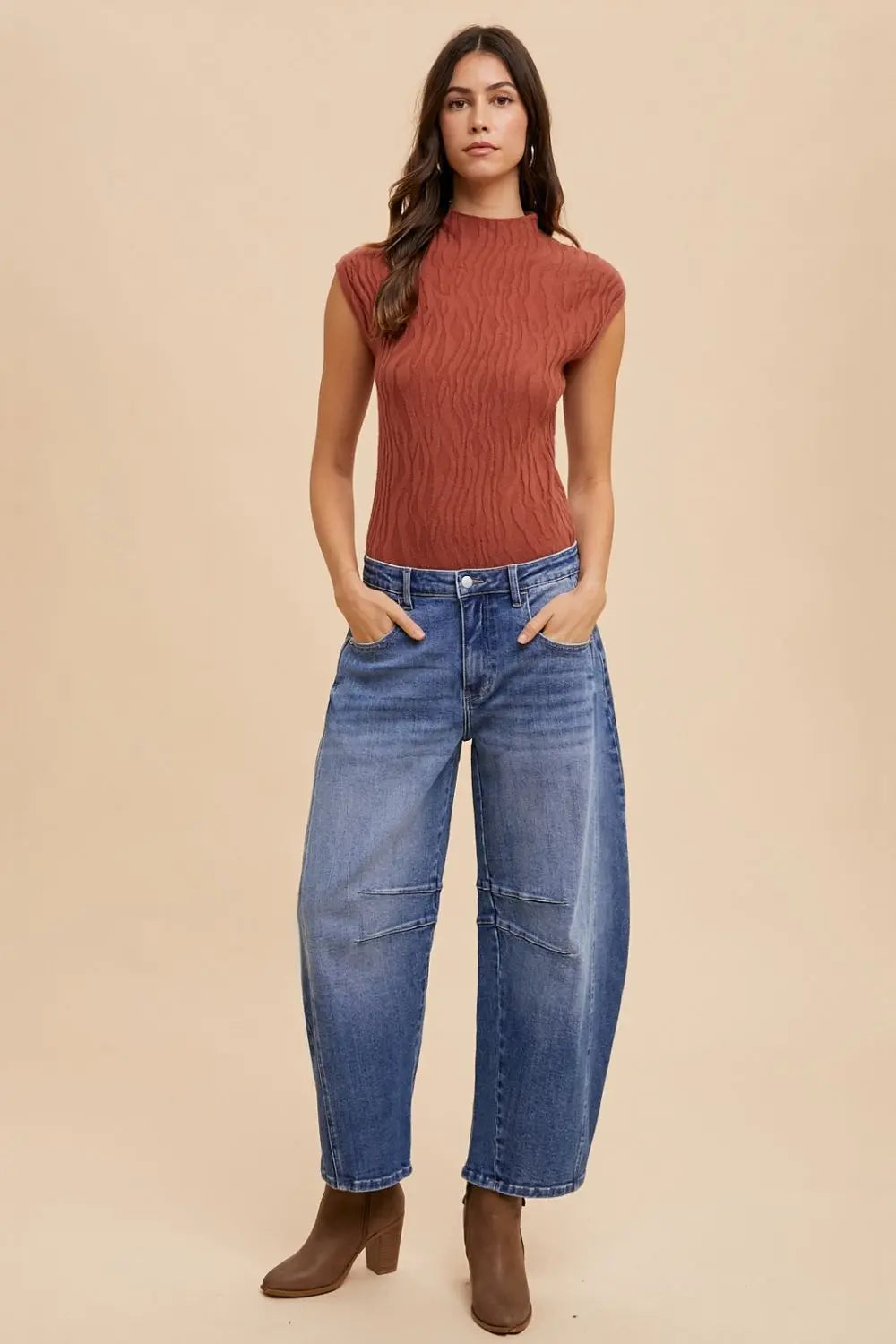 Annie Wear Mid Rise Barrel Leg Jeans with Pockets Trendsi