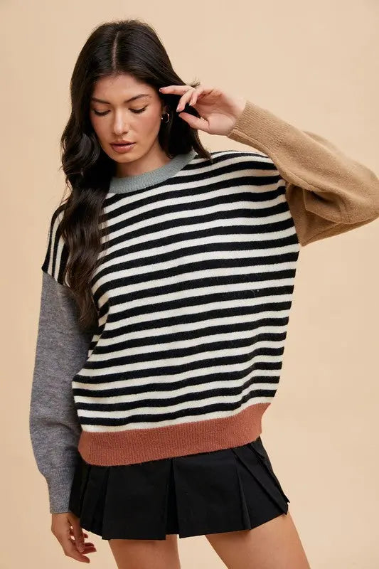 Annie Wear Striped Color Block Round Neck Sweater Trendsi