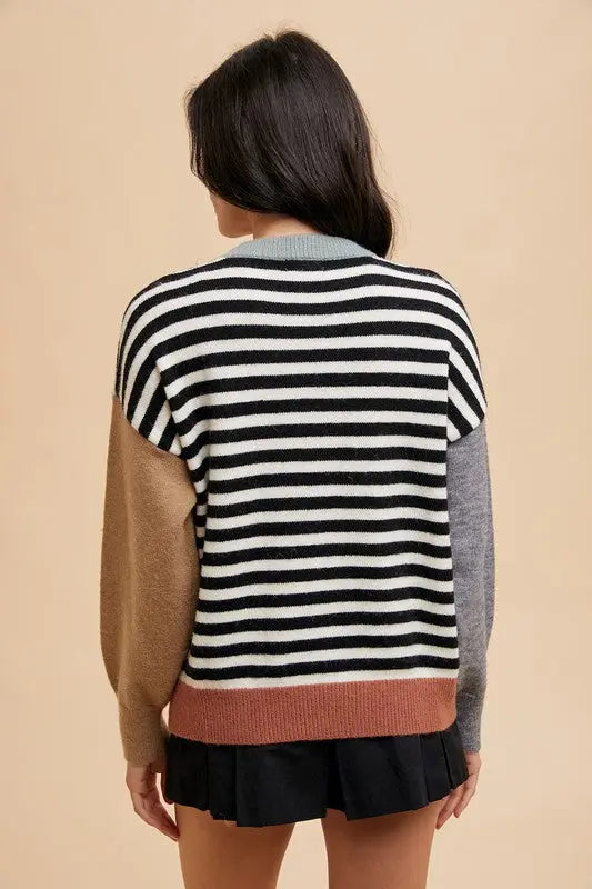 Annie Wear Striped Color Block Round Neck Sweater Trendsi