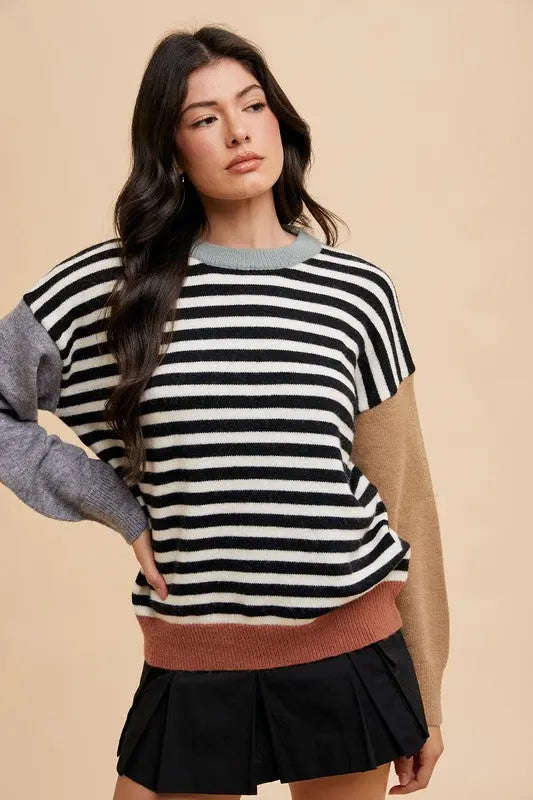 Annie Wear Striped Color Block Round Neck Sweater Trendsi