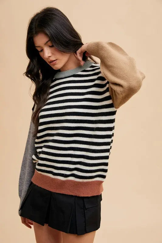 Annie Wear Striped Color Block Round Neck Sweater Trendsi