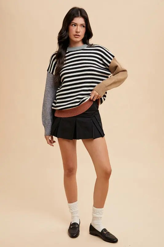 Annie Wear Striped Color Block Round Neck Sweater Trendsi