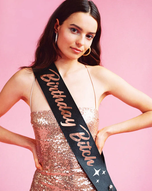 Bday B*tch Sash - black glitter + rose gold foil xo, Fetti