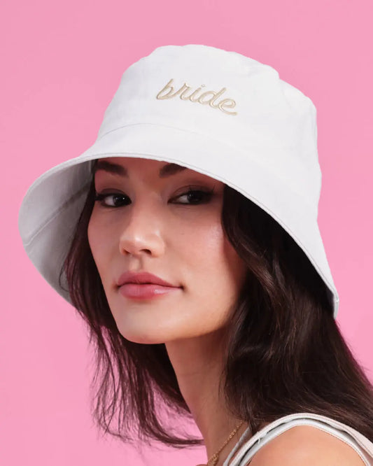 Beige Bride Bucket Hat - embroidered cotton hat xo, Fetti