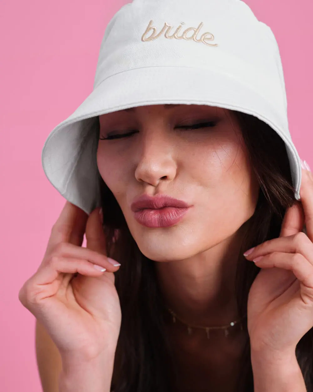 Beige Bride Bucket Hat - embroidered cotton hat xo, Fetti