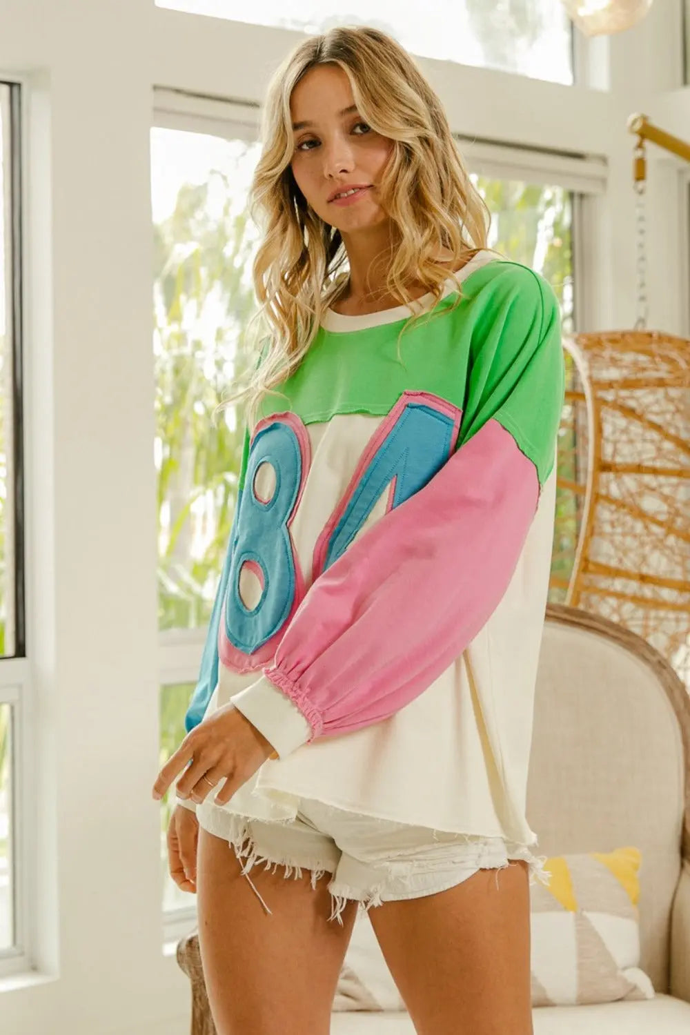 BiBi Color Block Patched Long Sleeve Top Trendsi