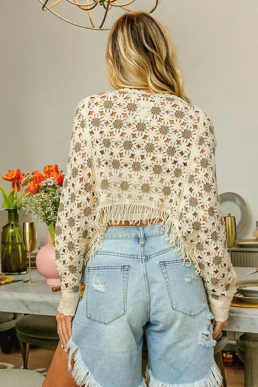 BiBi Dolman Sleeve Flower Crochet Lace Cover Up Trendsi