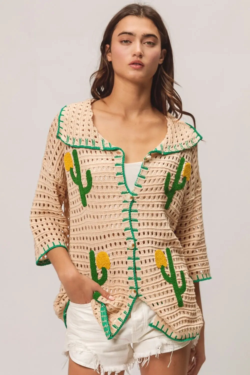BiBi Edge Stitched Cactus Patch Sweater Cardigan Trendsi
